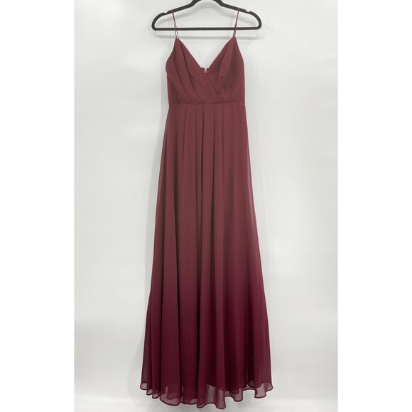 BILL LEVKOFF Jemma Chiffon V-Neck A-Line Princess Bridesmaid Maxi Dress Wine 2 - Picture 2 of 6